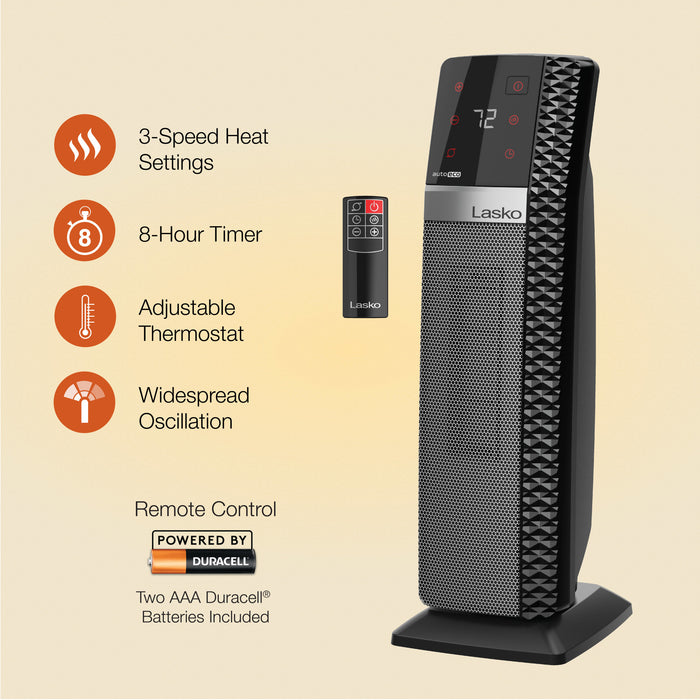 Lasko 22" Ceramic Tower Space Heater: Oscillating, 3 Heat Settings, Remote, Timer, Tip-Over Switch, Thermostat, Black