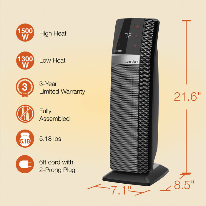 Lasko 22" Ceramic Tower Space Heater: Oscillating, 3 Heat Settings, Remote, Timer, Tip-Over Switch, Thermostat, Black