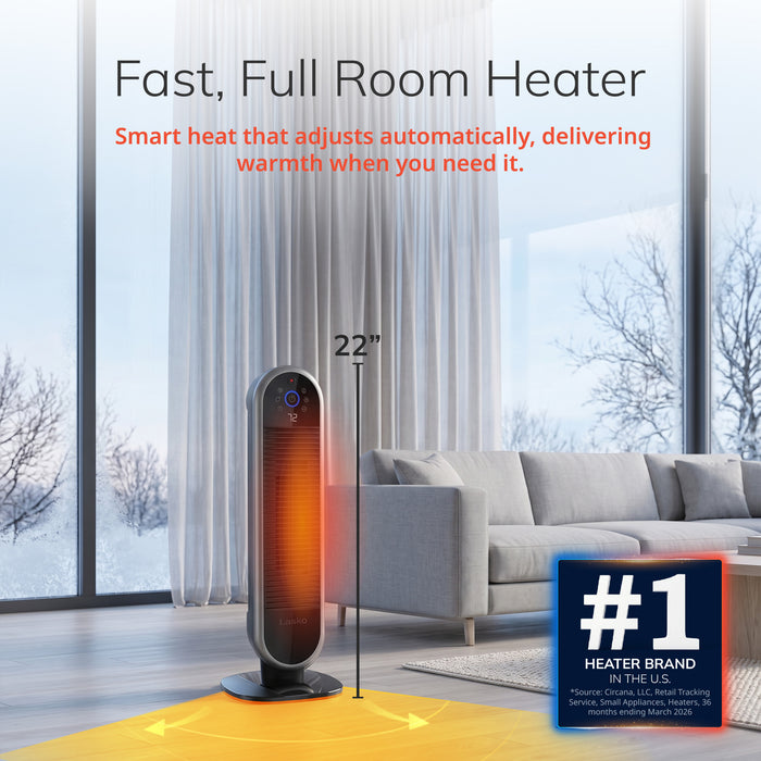 Lasko 22" Smart Ceramic Tower Space Heater: Oscillating, 3 Heat Settings, WiFi, Alexa/Google Enabled, Tip-Over Switch