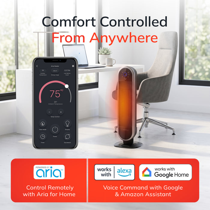 Lasko 22" Smart Ceramic Tower Space Heater: Oscillating, 3 Heat Settings, WiFi, Alexa/Google Enabled, Tip-Over Switch