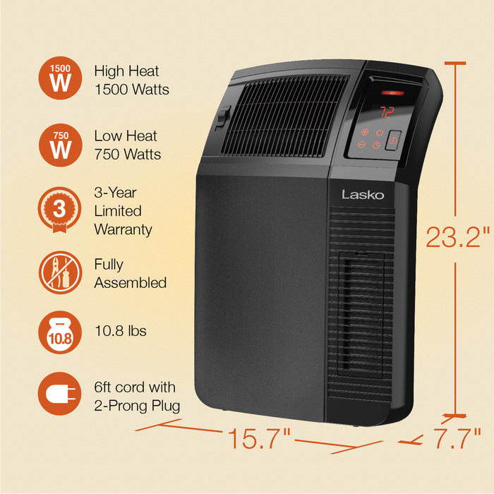 Lasko 23" Ceramic Console Space Heater: 2 Heat Settings, Timer, Adjustable Louvers, Thermostat, Black