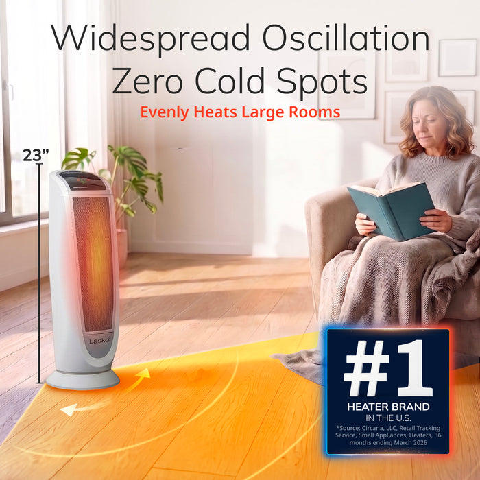 Lasko 23" Ceramic Tower Space Heater: Oscillating, 2 Heat Settings, Remote, Timer, Thermostat