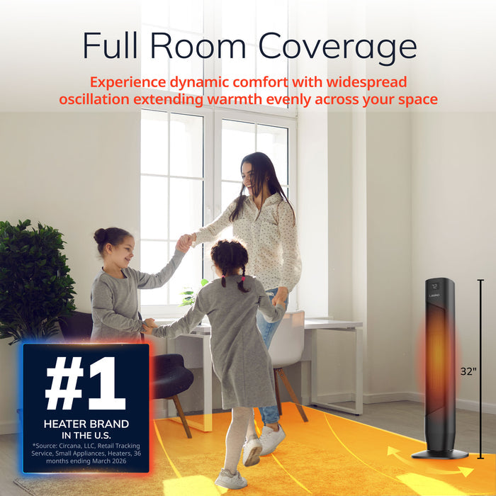Lasko 32" Digital Ceramic Tower Space Heater: Oscillating, 3 Heat Settings, Remote, Timer, Tip-Over Switch