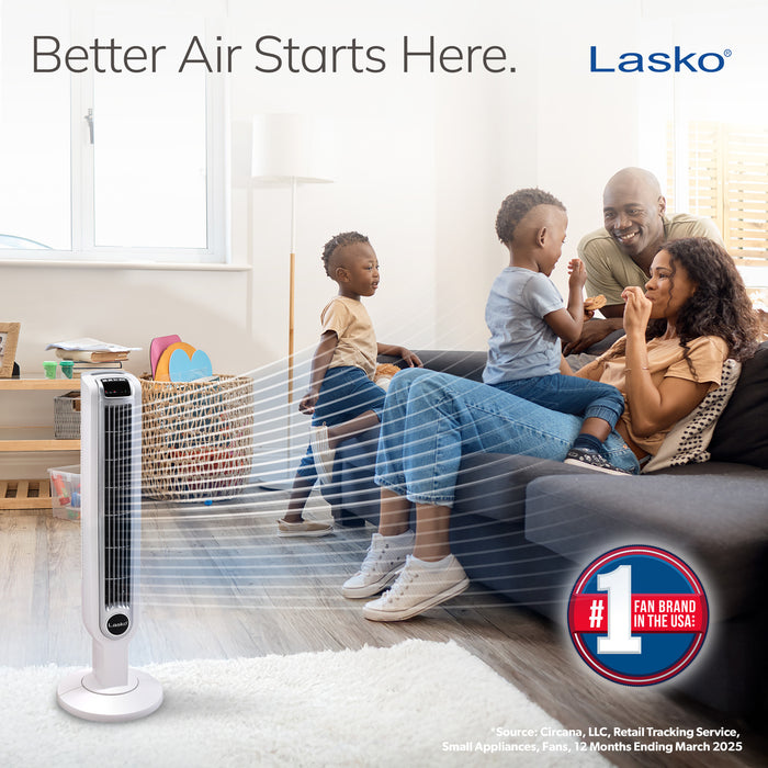 Lasko 36" Tower Fan: Oscillating, 3-Speed, Remote, Timer, White