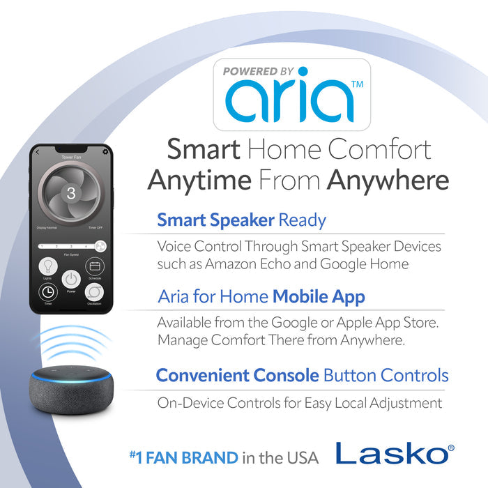 Lasko 40" Smart Tower Fan: Oscillating, 5-Speed, Timer, Wi-Fi