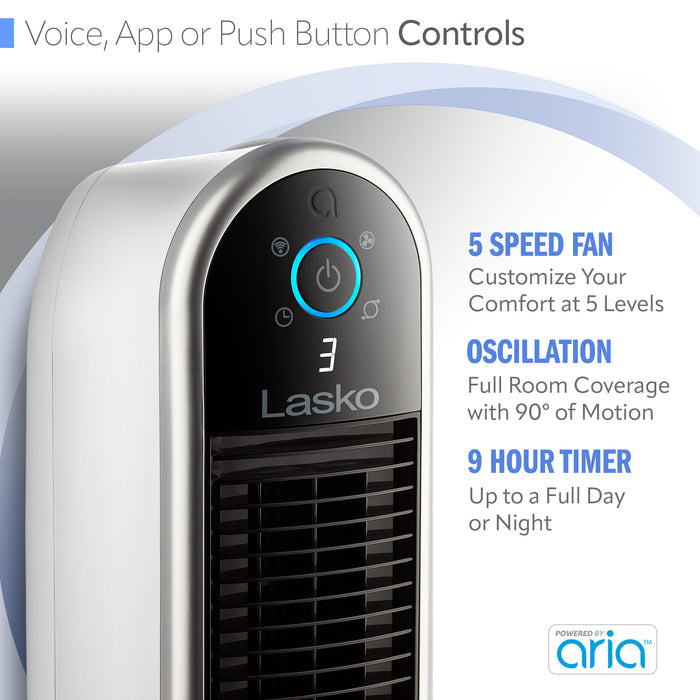 Lasko 40" Smart Tower Fan: Oscillating, 5-Speed, Timer, Wi-Fi