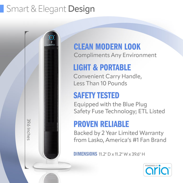 Lasko 40" Smart Tower Fan: Oscillating, 5-Speed, Timer, Wi-Fi