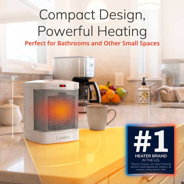 Lasko 8" Bathroom Ceramic Space Heater: 2 Heat Settings, ALCI Safety Plug, Timer