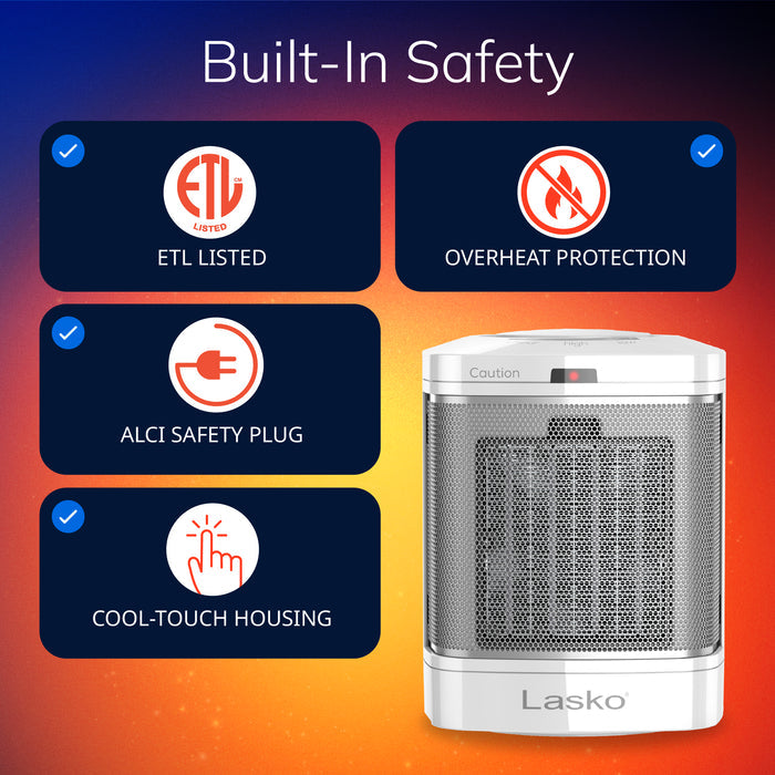 Lasko 8" Bathroom Ceramic Space Heater: 2 Heat Settings, ALCI Safety Plug, Timer