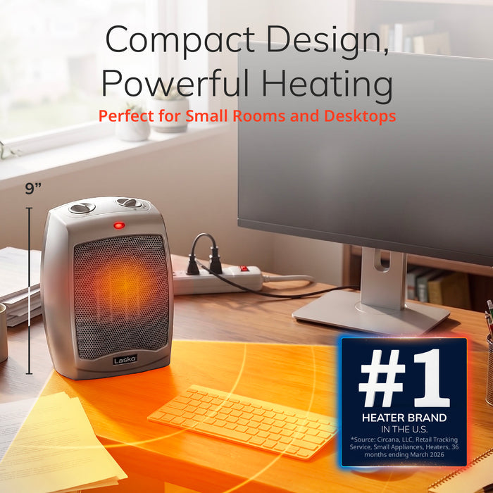 Lasko 9" Ceramic Space Heater: Overheat Protection, 2 Heat Settings, Thermostat