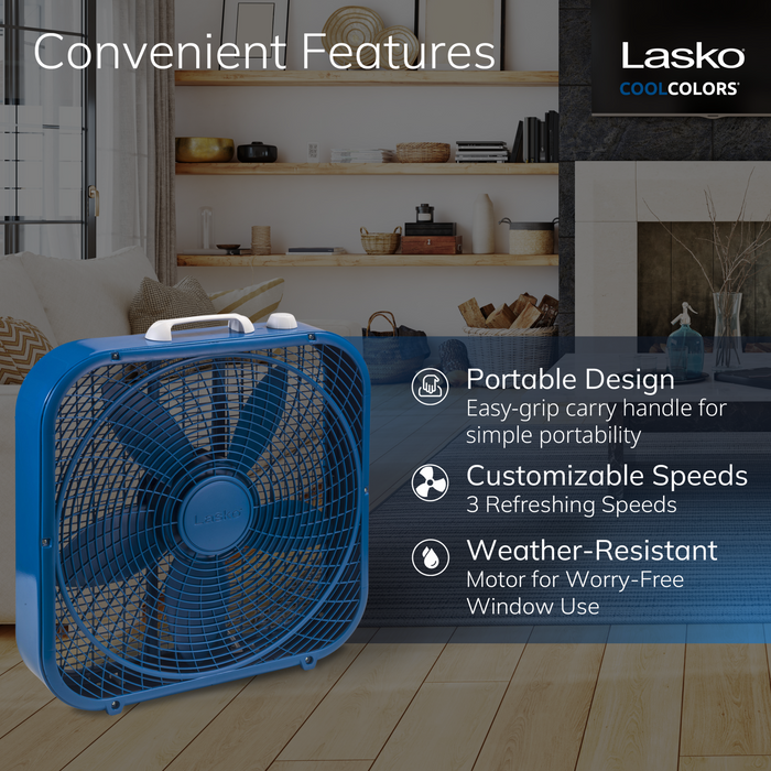 Lasko Cool Colors 20" Box Fan: 3-Speed, Weather-Resistant Motor