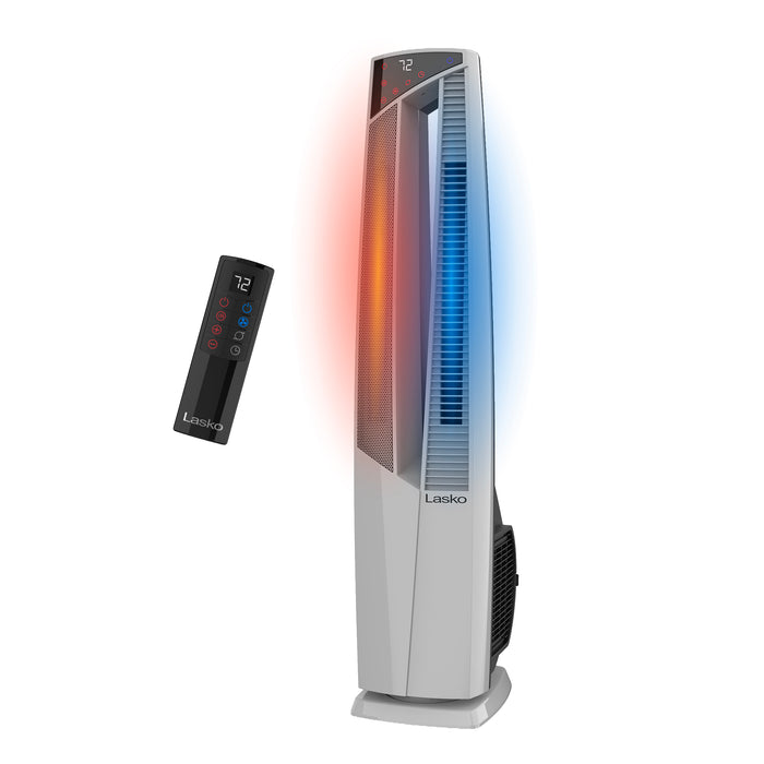 Lasko DUO Comfort 38" Tower Fan and Ceramic Space Heater: Oscillating, 3 Heat Settings, 4 Fan Speeds, Remote, Timer, Tip-Over Switch, White