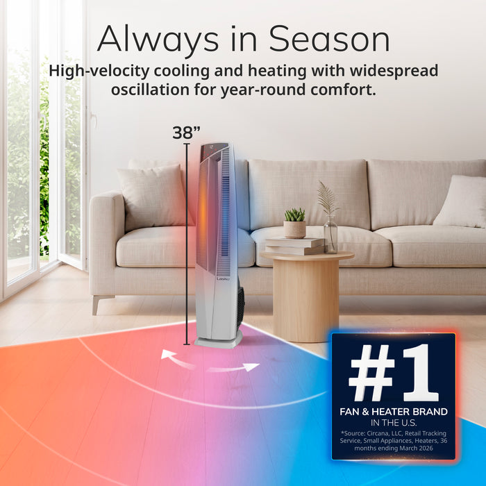 Lasko DUO Comfort 38" Tower Fan and Ceramic Space Heater: Oscillating, 3 Heat Settings, 4 Fan Speeds, Remote, Timer, Tip-Over Switch, White