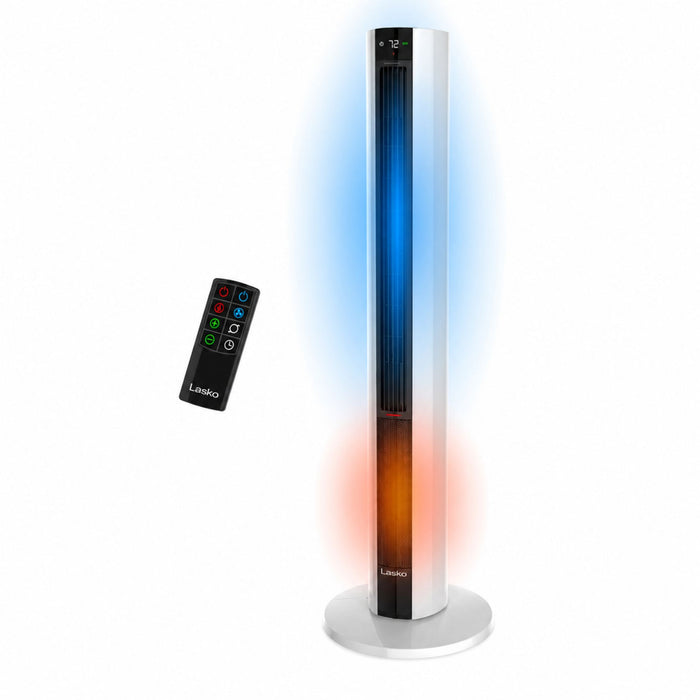 Lasko DUO Comfort 42" Tower Fan and Ceramic Space Heater: Oscillating, 3 Heat Settings, 4 Fan Speeds, Remote, Timer, Tip-Over Switch, White