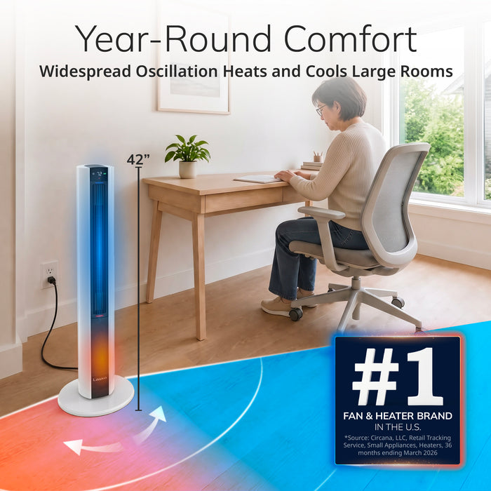 Lasko DUO Comfort 42" Tower Fan and Ceramic Space Heater: Oscillating, 3 Heat Settings, 4 Fan Speeds, Remote, Timer, Tip-Over Switch, White