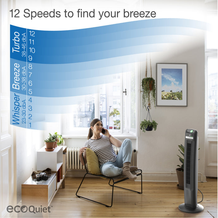 Lasko EcoQuiet 42" DC Tower Fan: Oscillating, 12-Speed, Remote