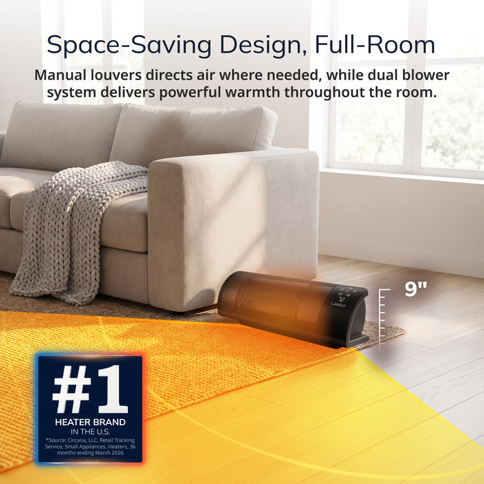 Lasko Low Profile Baseboard Space Heater: 3 Heat Settings, Remote, Timer, Tip-Over Switch, Powered Louvers, Thermostat