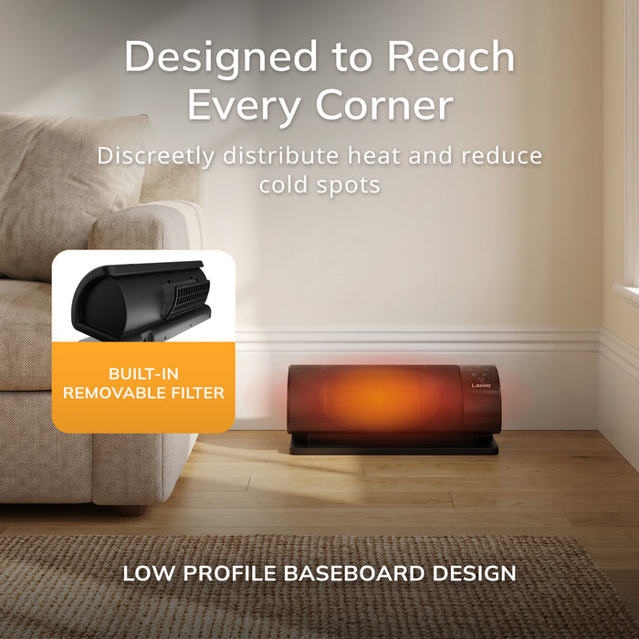 Lasko Low Profile Baseboard Space Heater: 3 Heat Settings, Remote, Timer, Tip-Over Switch, Powered Louvers, Thermostat