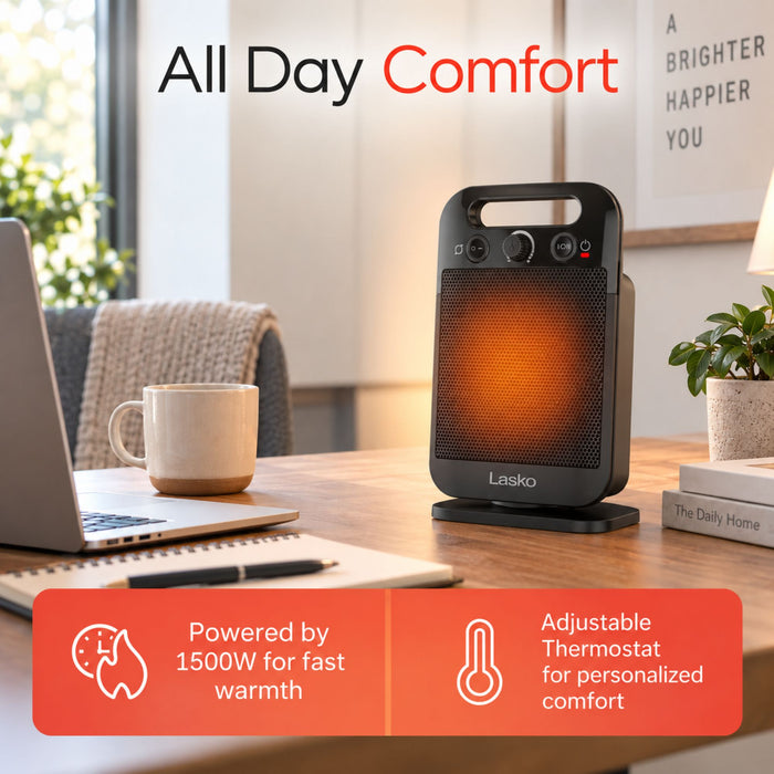 Lasko MyHeat-GO 13" Ceramic Space Heater: Oscillating, 2 Heat Settings, Thermostat