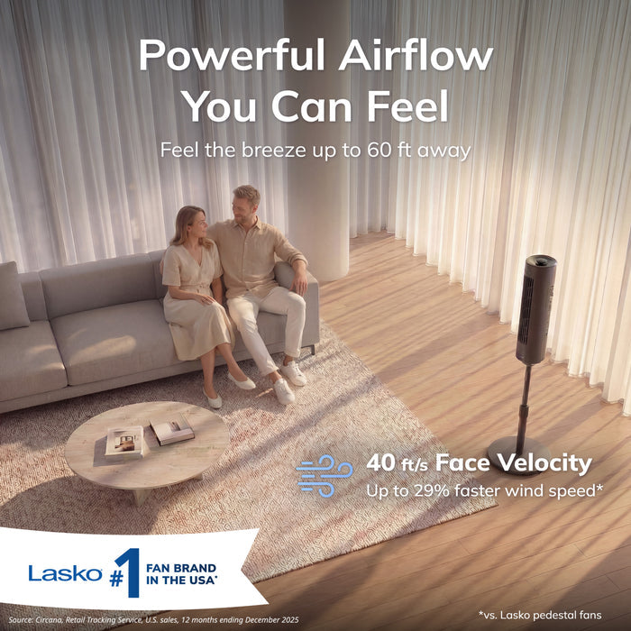 Lasko Rise 54" AC Pedestal Fan: Oscillating, 4-Speed, Remote, Timer