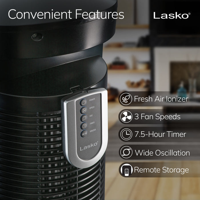 Lasko Wind Curve 42" Tower Fan: Oscillating, 3-Speed, Remote, Ionizer, Black