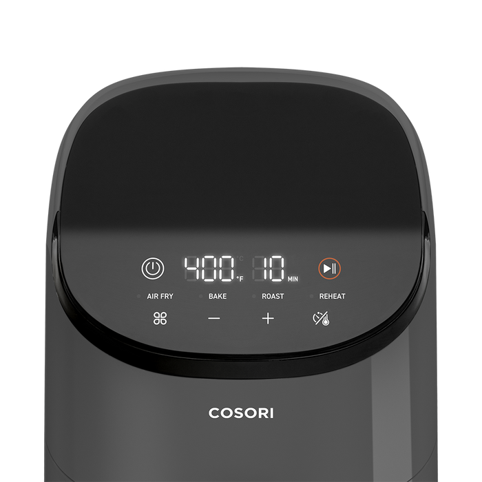 Close-up of the digital touch control panel on the dark grey Cosori Lite 2.1-Qt Air Fryer