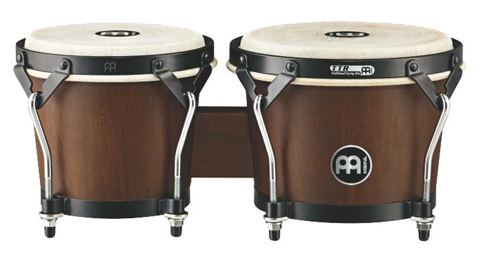 Paire bongos 6" 3/4 & 8", fûts hévéa, peaux buffle, crochets 8 mm, cercles TTR 5mm, accast. noir poudré, Walnut Brown mat