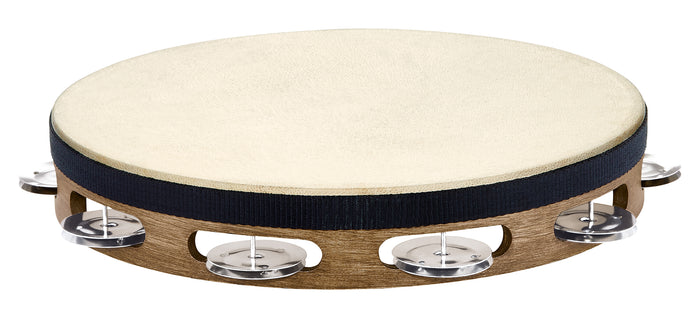 Tambourin bois avec peau de chèvre sélectionnée à la main, 1 rangée de cymbalettes acier inoxydable, Walnut Brown