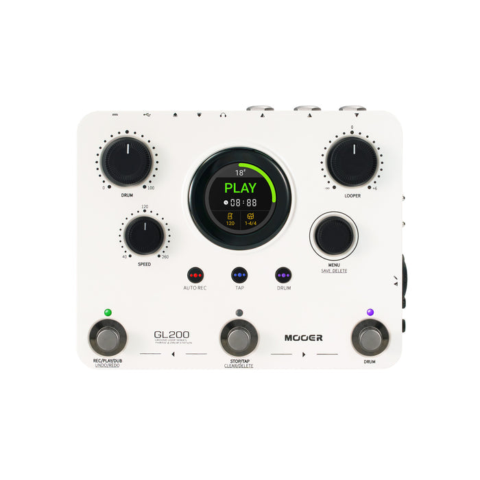 Pédale Mooer GL200, looper stéréo et boîte à rythmes, jusqu'à 300 minutes d'enregistrement, entrée combo XLR/Jack, MIDI, blanc