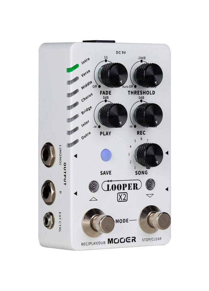 Pédale LOOPER X2, looper stéréo, 11 banques SONG avec 7 presets chacune, jusqu'à 300 minutes d'enregistrement, blanc