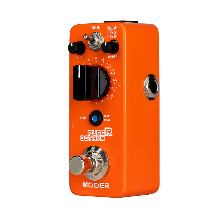 Pédale PURER OCTAVE, octaver polyphonique 15 modes, 1 mode Detune, boîtier métal, true bypass, orange brillant