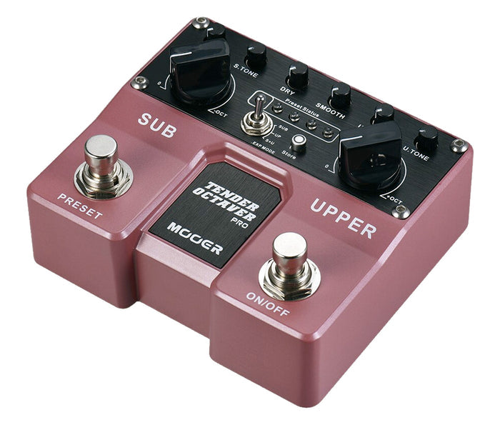 Pédale TENDER OCTAVER PRO, octaver polyphonique, octave supérieure et inférieure, 4 presets, boîtier métal, true bypass, rose