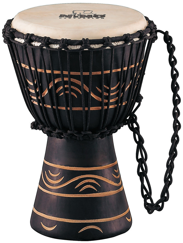 Djembé 7" (extra small) style africain série Moon, fût acajou, peau chèvre sélectionnée, cordage pré-étiré, gravé main, noir