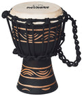 Djembé 4"1/2 (hyper small) style africain série Moon, fût acajou, peau chèvre sélectionnée, cordage pré-étiré, gravé main, noir