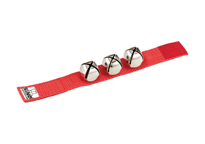 Bracelet nylon 23 cm, 3 clochettes acier, attache rapide, rouge