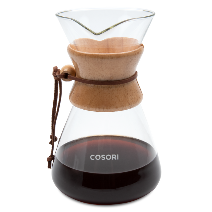 COSORI Original 8-Cup Pour-Over Coffee Maker with glass carafe and wooden collar filled with brewed coffee