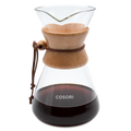 COSORI Original 8-Cup Pour-Over Coffee Maker with glass carafe and wooden collar filled with brewed coffee