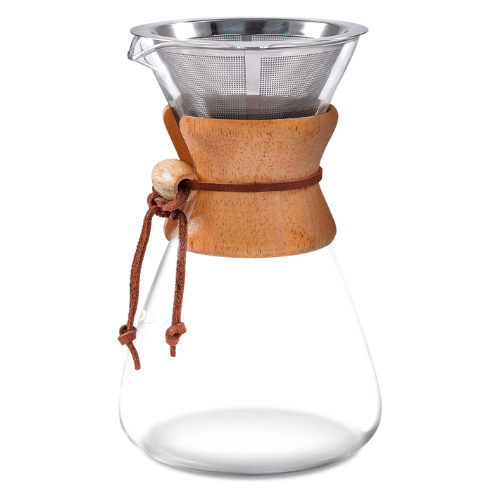 Empty glass carafe and stainless steel filter of COSORI Original 8-Cup Pour-Over Coffee Maker