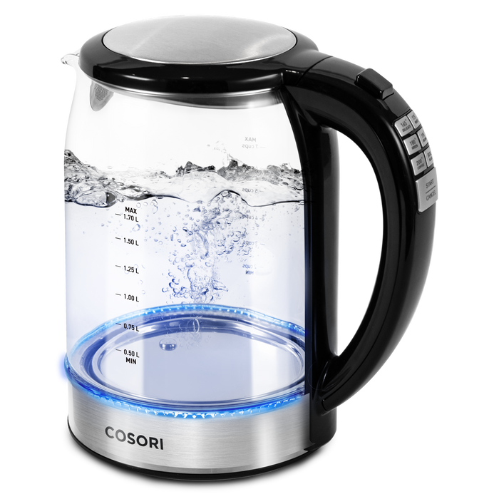 COSORI Original Digital Glass Kettle with illuminated glass body and boiling water inside