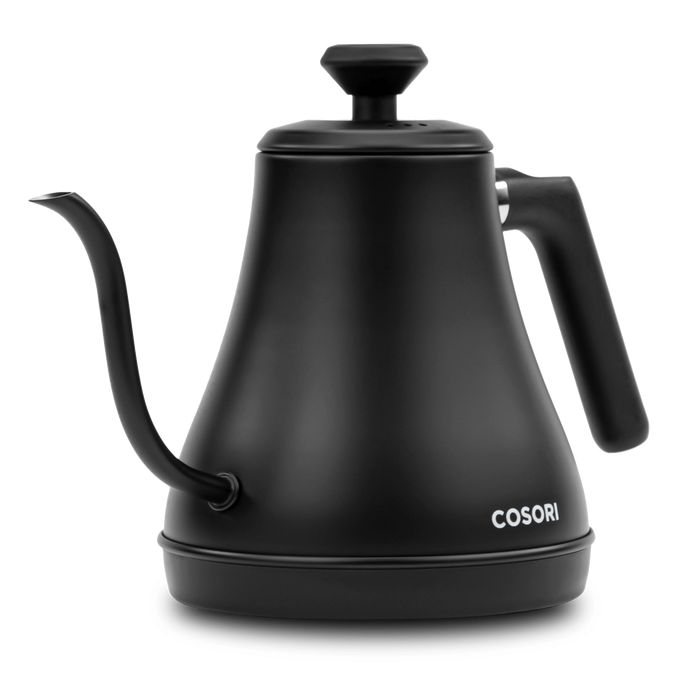 Angled view of COSORI Original Electric Gooseneck Kettle in matte black finish