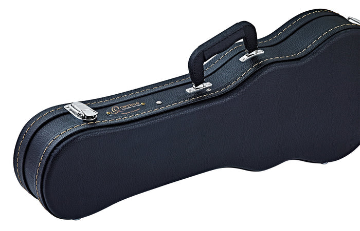Etui bois pour ukulélé Soprano, avec surpiqures et logo, noir