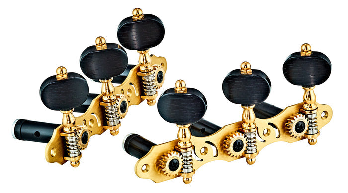 Jeu de mécaniques pour guitare classique série Private, ratio 18:1, plaques laiton brossé, boutons noirs style ébène