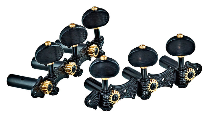 Jeu de mécaniques pour guitare classique série Deluxe, ratio 14:1, plaques noires, boutons noirs style ébène