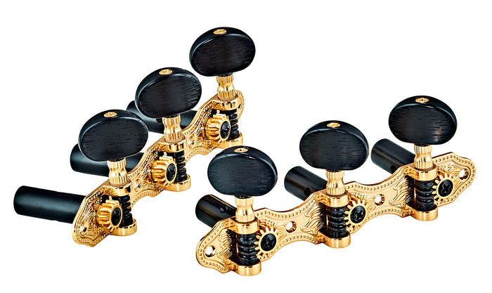 Jeu de mécaniques pour guitare classique série Deluxe, ratio 14:1, plaques dorées, boutons noirs style ébène