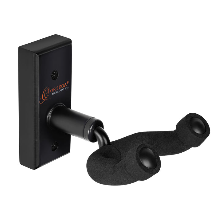 Support mural pour guitare et basse, embase bois, fixation par 2 vis, étrier (largeur: 4.5 cm) recouvert de mousse, noir