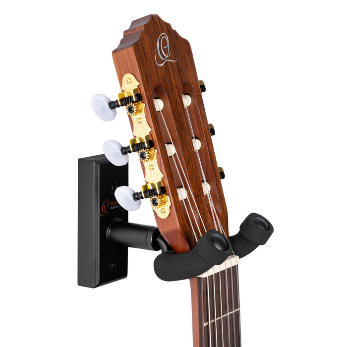Support mural pour guitare et basse, embase bois, fixation par 2 vis, étrier (largeur: 4.5 cm) recouvert de mousse, noir