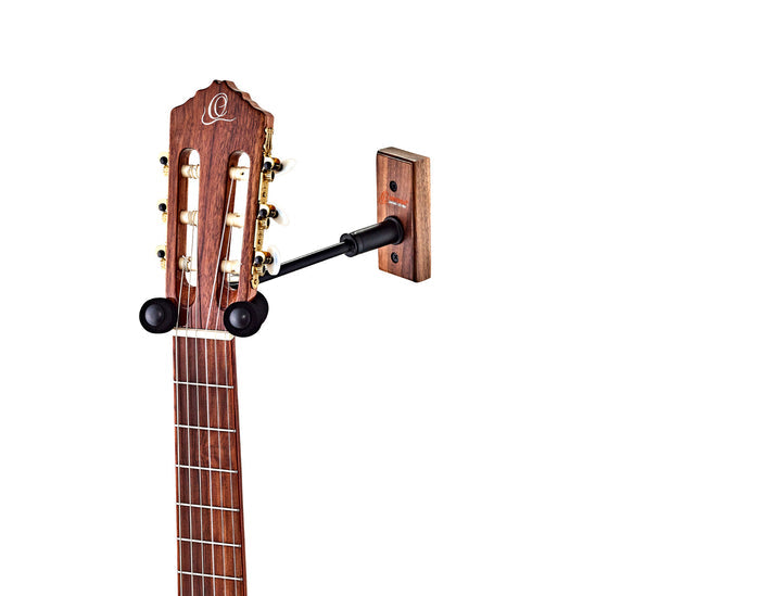 Support mural pour guitare et basse, embase bois, bras long, étrier orientable, merisier