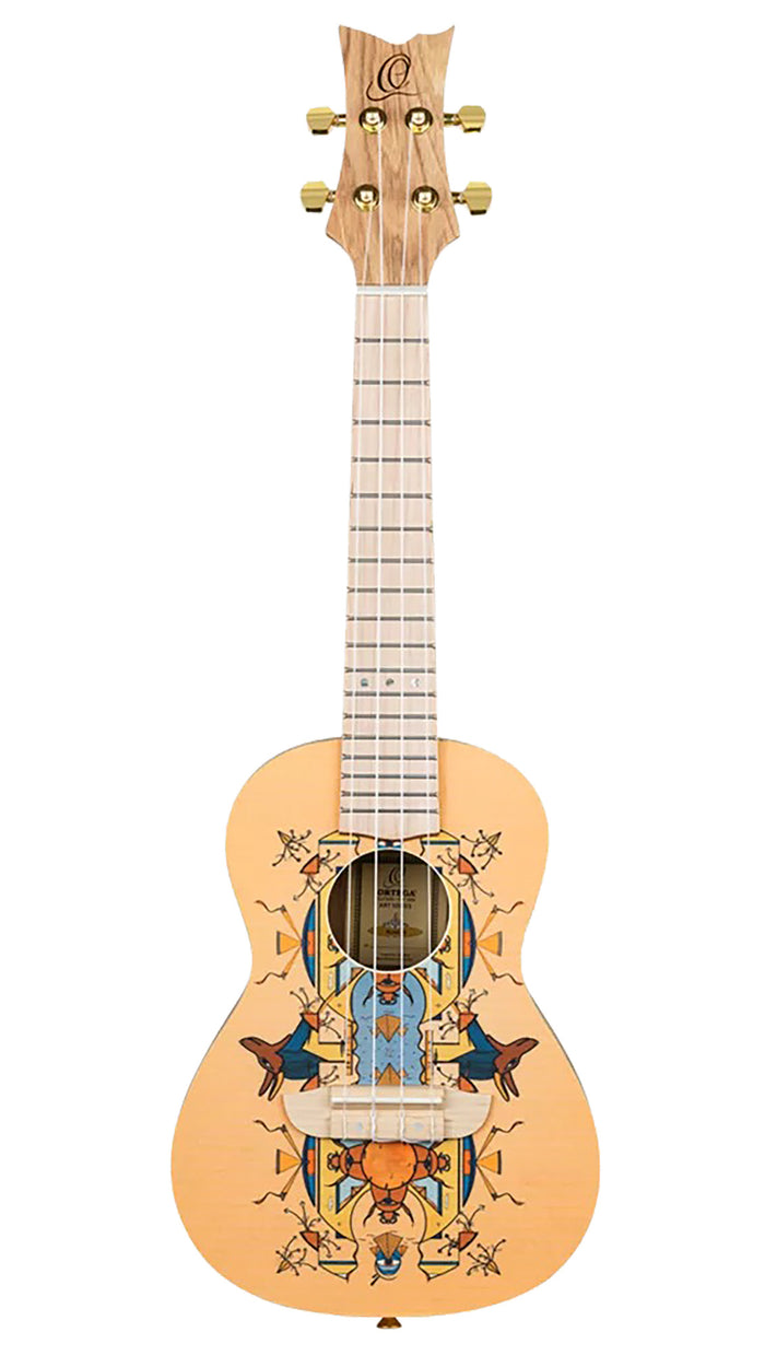 RUAR-EY, modèle Concert, table épicéa avec motif custom, fond & éclisses catalpa, manche nato, motif"Egypte" satiné