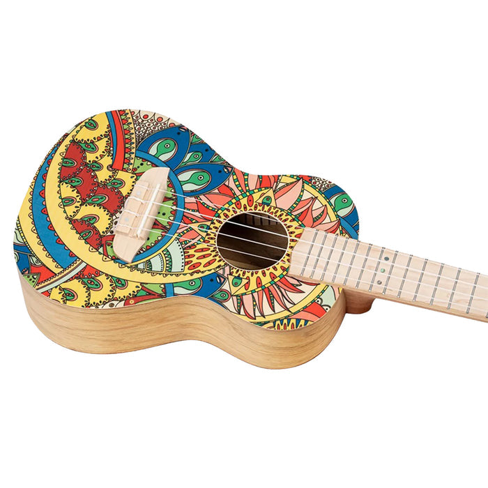 RUAR-MI, modèle Concert, table épicéa avec motif custom, fond & éclisses catalpa, manche nato, motif"Inde mystique" satiné