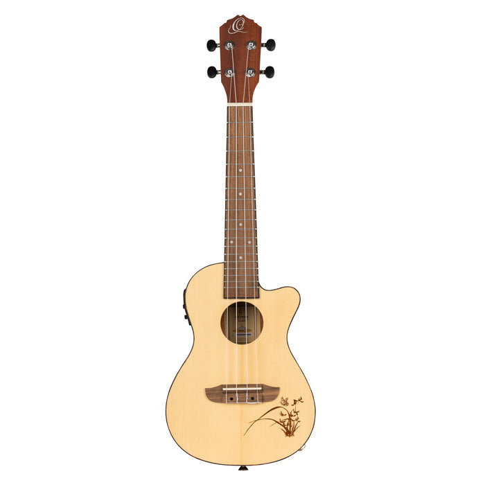 RU5CE, modèle Concert pan coupé, EQ MagusUke, table épicéa avec motif, f/e sapele, manche acajou, naturel satiné
